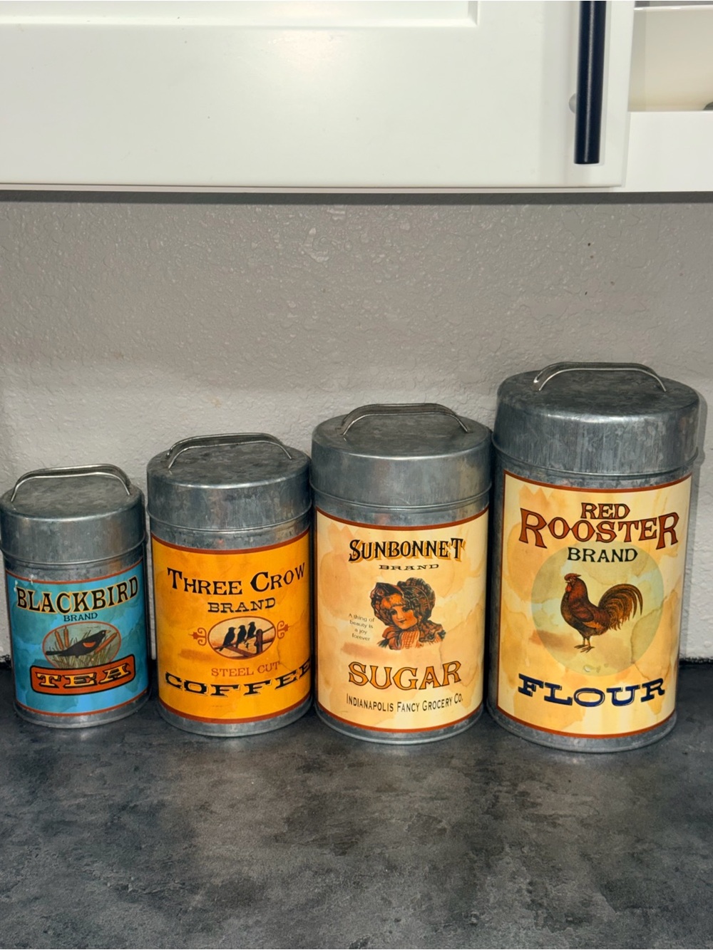 Vintage Brand Blue & Yellow Kitchen Canister Set - Sugar, Coffee, Tea, Flour
